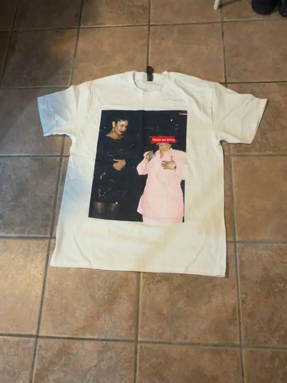Selena Graphic Photo Print White Tee with Black & Pink Motif